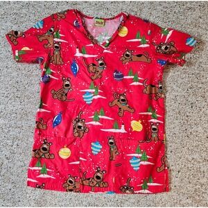 Scooby-Doo Christmas Scrub Top Red Holiday V-Neck Medical Uniform XS Cotton